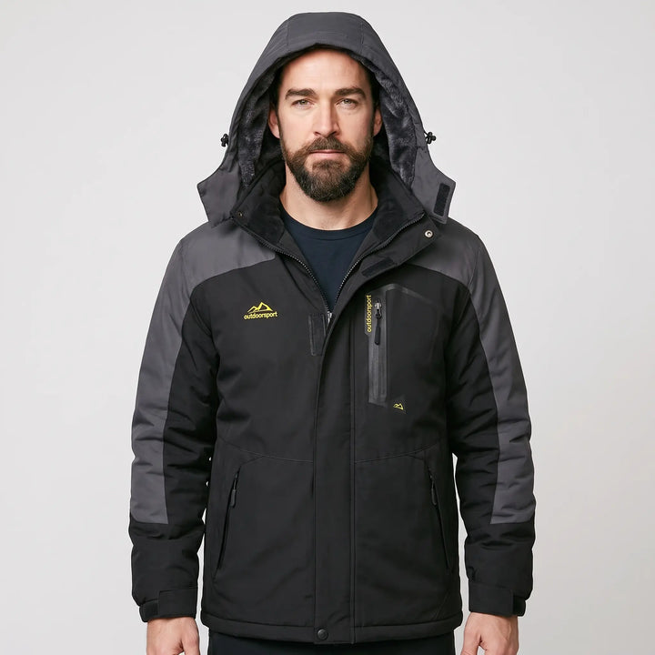 Men's hooded ski jacket in Black/Gray, front view