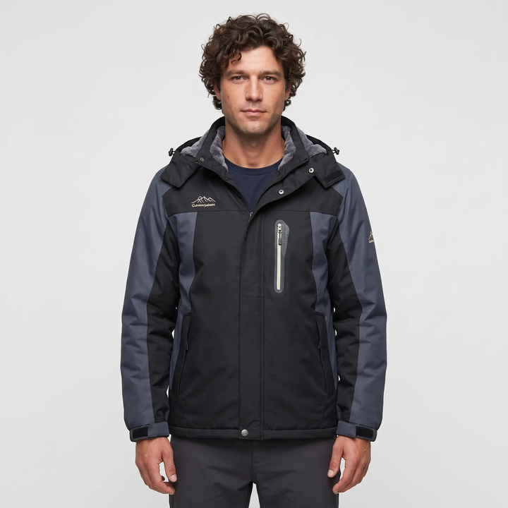 Men's hooded winter jacket in Black, front view