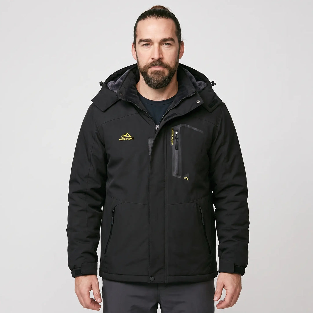 Men's hooded ski jacket in Black, front view