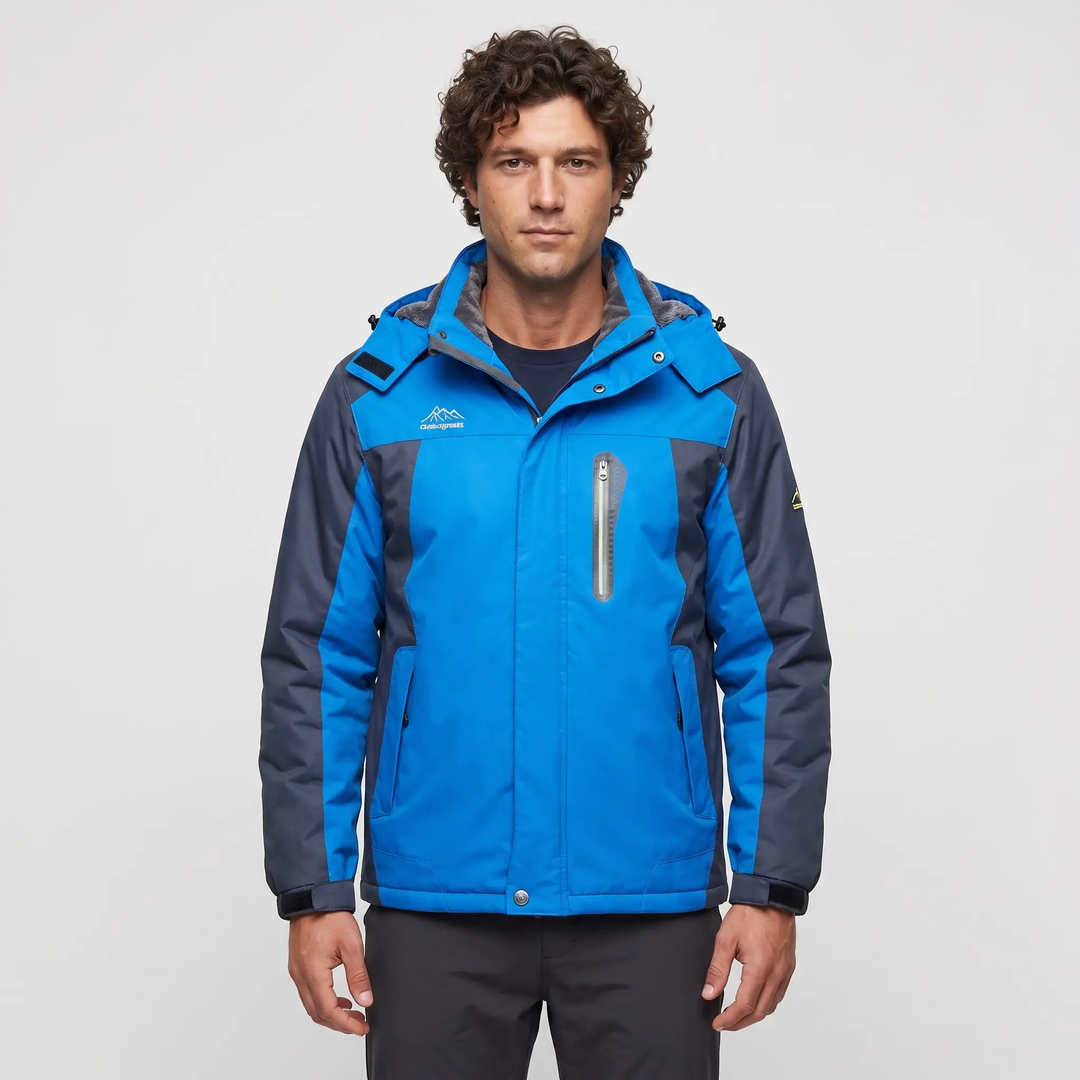 Man wearing an Ocean Blue hooded parka and ski jacket, front view
