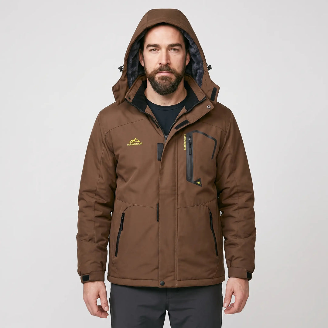 Men's hooded ski jacket in Coffee Brown, front view