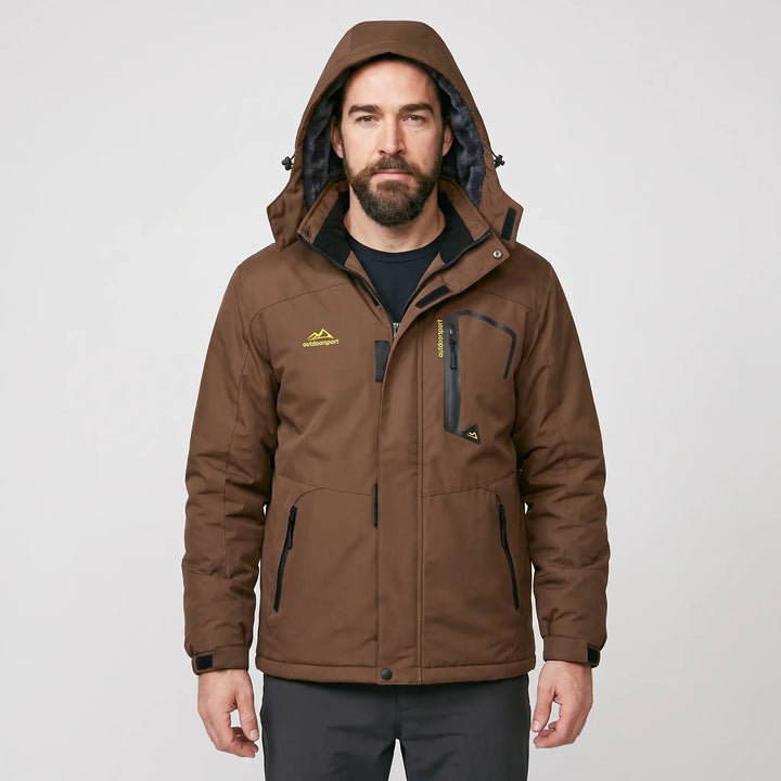 Men's hooded ski jacket in Coffee Brown, front view