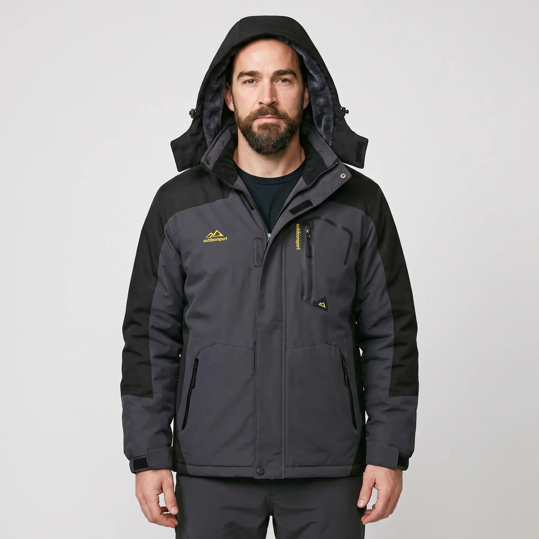 Men's hooded ski jacket in Charcoal/Black, front view