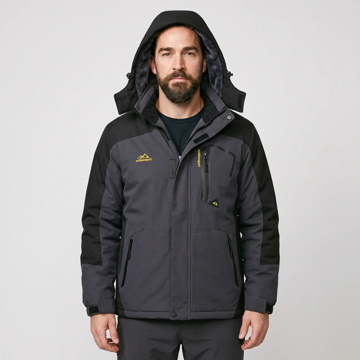 Men's hooded ski jacket in Charcoal/Black, front view