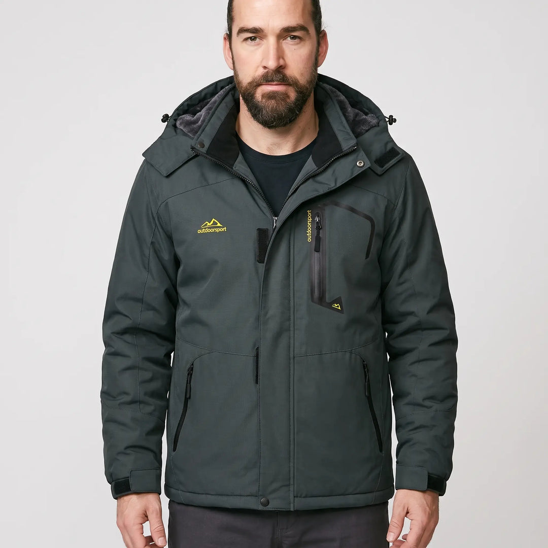 Men's hooded ski jacket in Dark Slate, front view