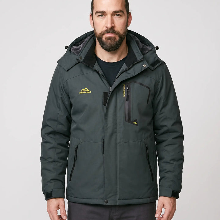 Men's hooded ski jacket in Dark Slate, front view