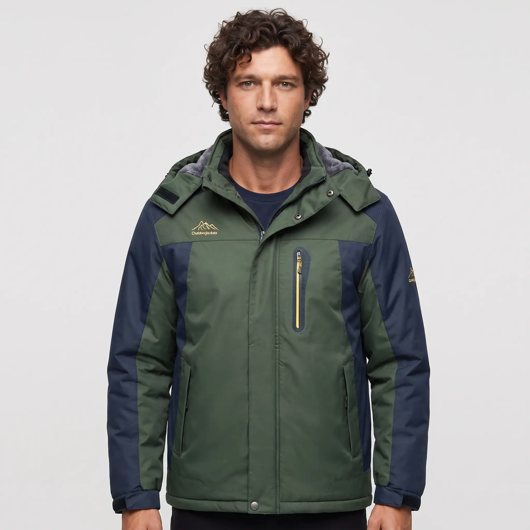 Men's hooded winter jacket in Hunter Green, front view