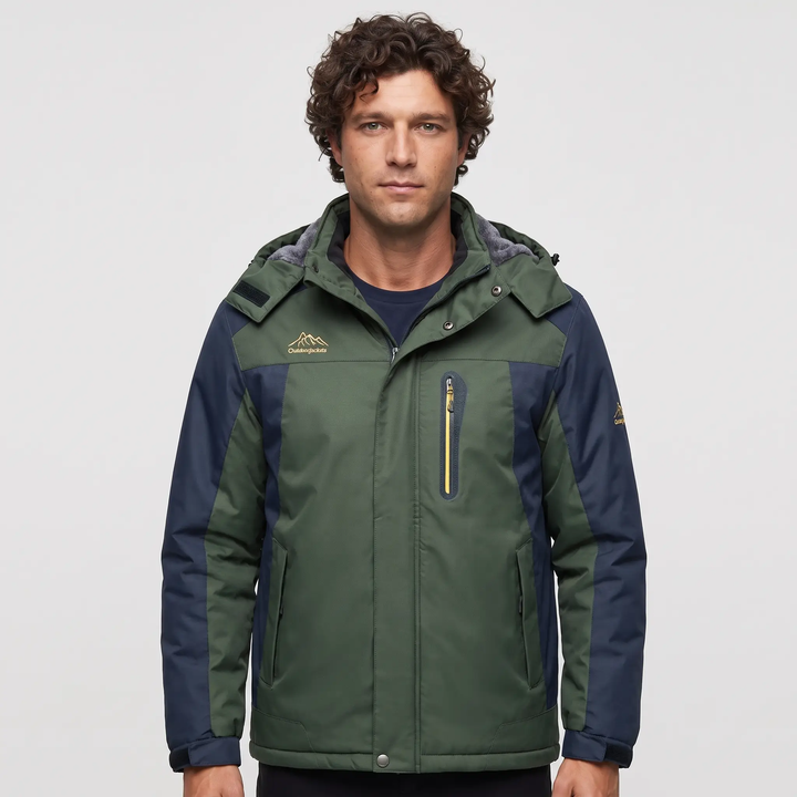 Men's hooded winter jacket in Hunter Green, front view