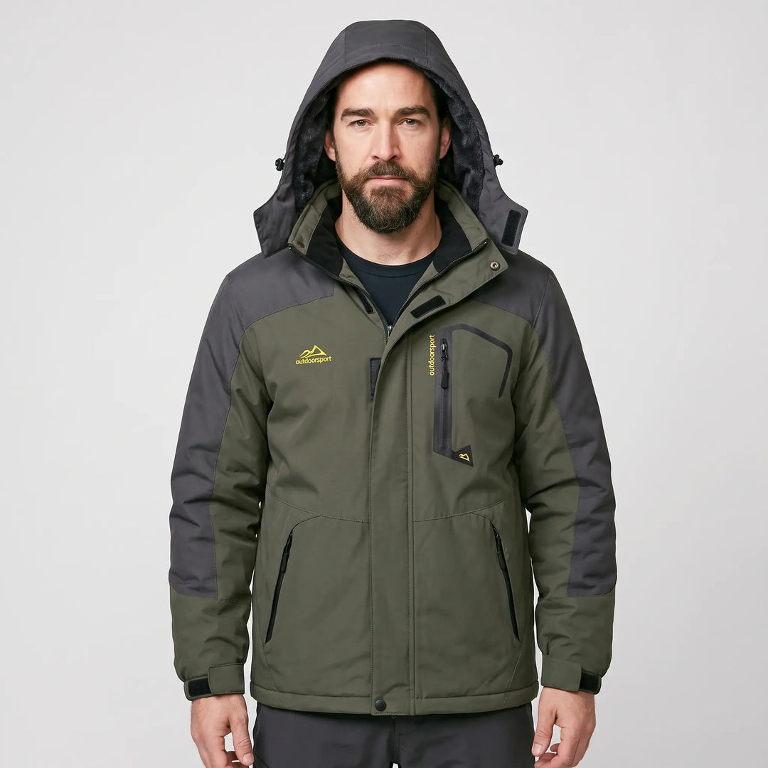 Men's hooded ski jacket in Hunter Green, front view