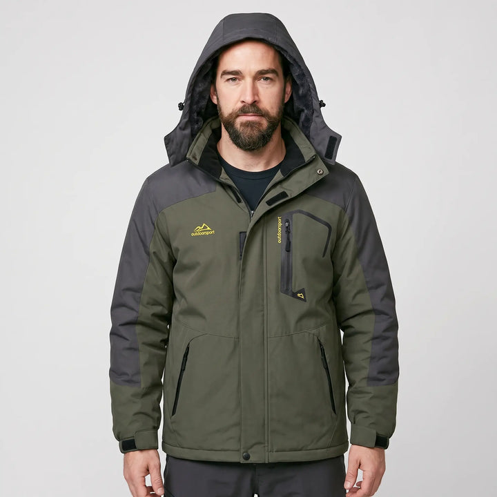 Men's hooded ski jacket in Hunter Green, front view