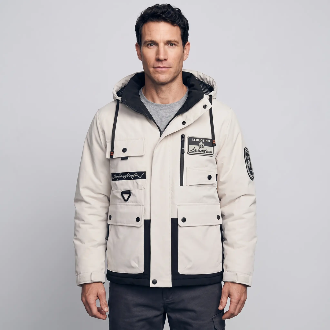 Men's hooded windbreaker jacket in Light Gray, front view