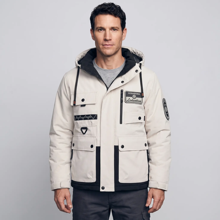 Men's hooded windbreaker jacket in Light Gray, front view