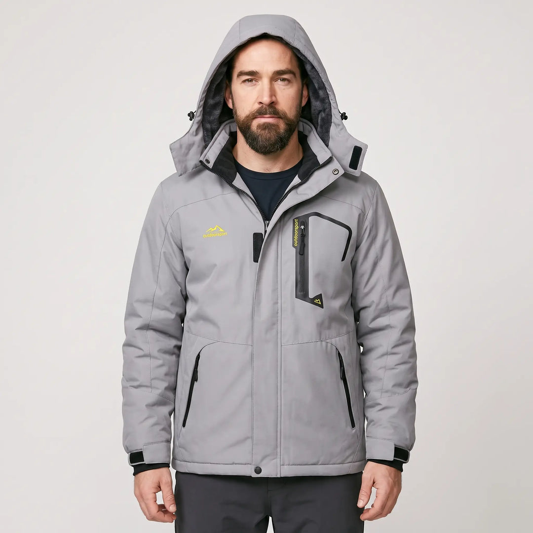 Men's hooded ski jacket in Light Gray, front view