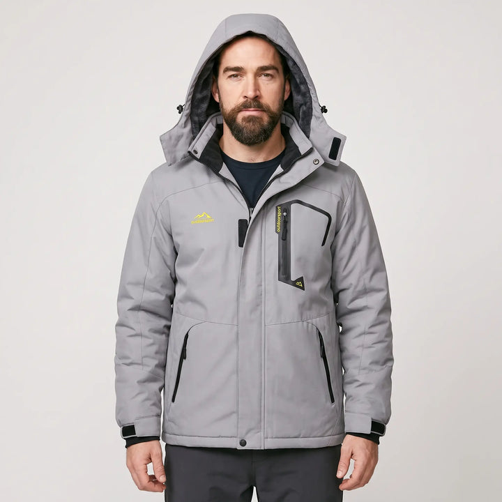 Men's hooded ski jacket in Light Gray, front view