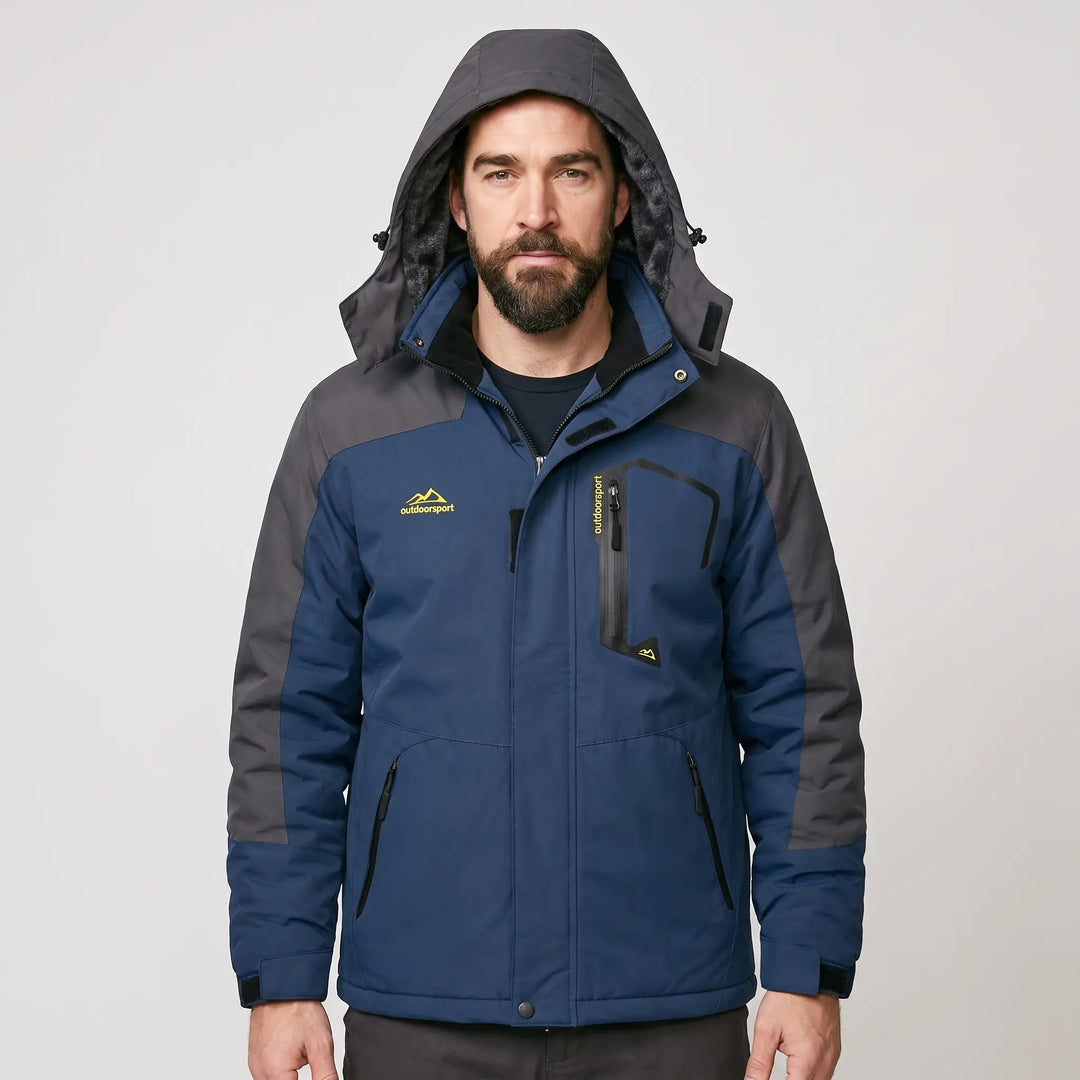Men's hooded ski jacket in Navy, front view