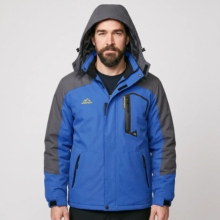 Men's hooded ski jacket in Ocean Blue, front view