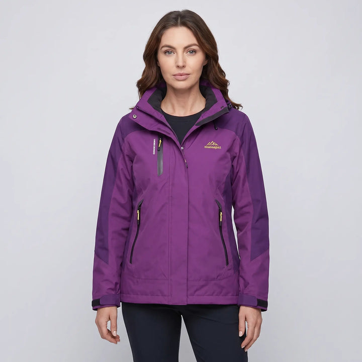 Woman wearing the purple insulated rain jacket, front view