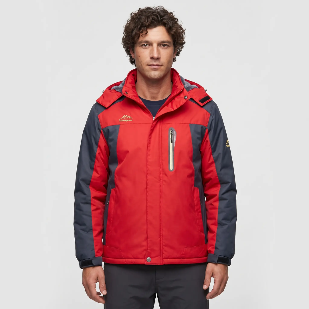 Men's hooded winter jacket in Red, front view