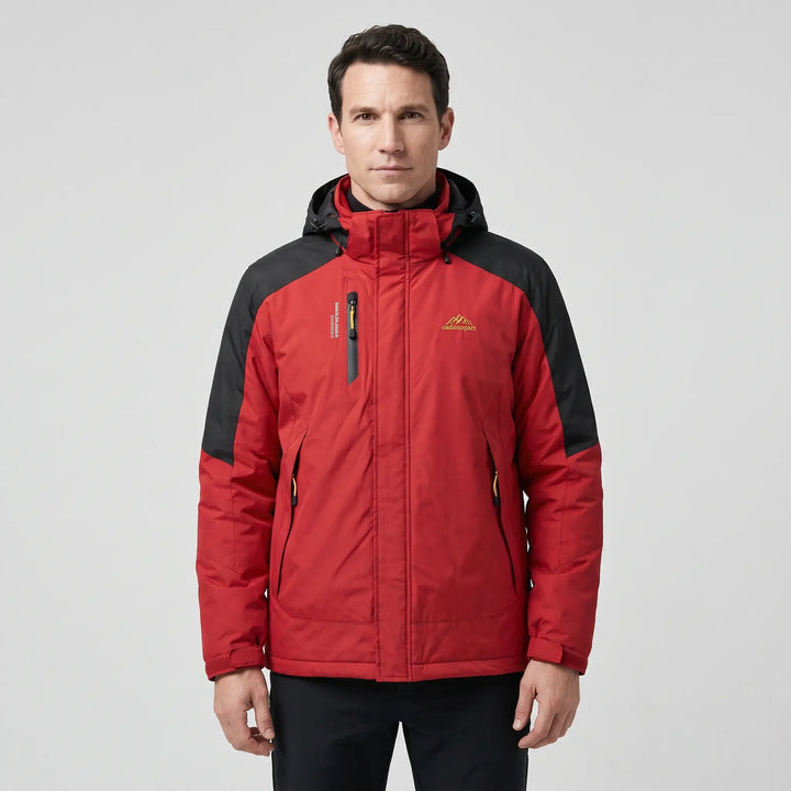 Man wearing the red and black insulated rain jacket in the men's cut, front view