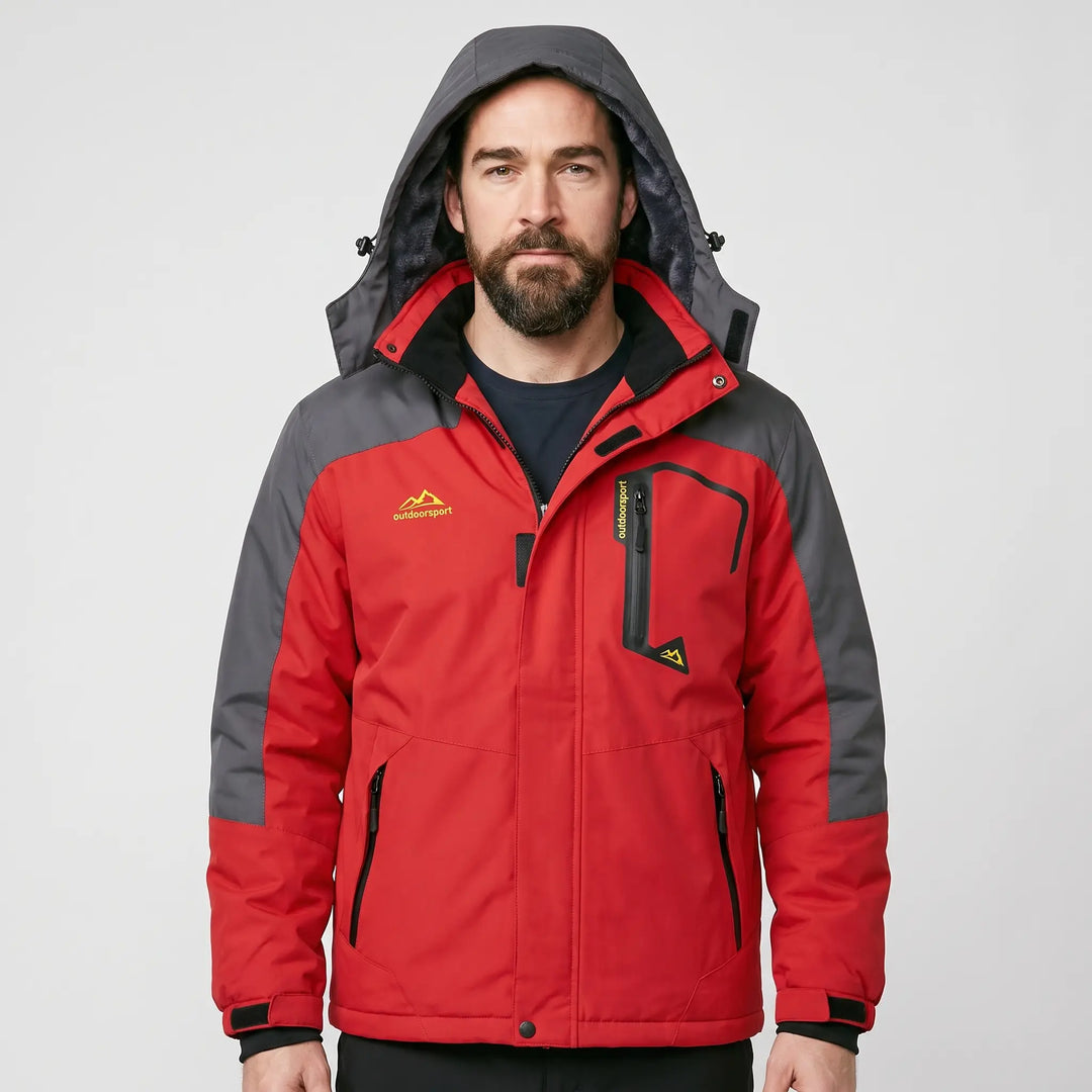 Man wearing a Red men's ski jacket with the fleece-lined hood up, front view