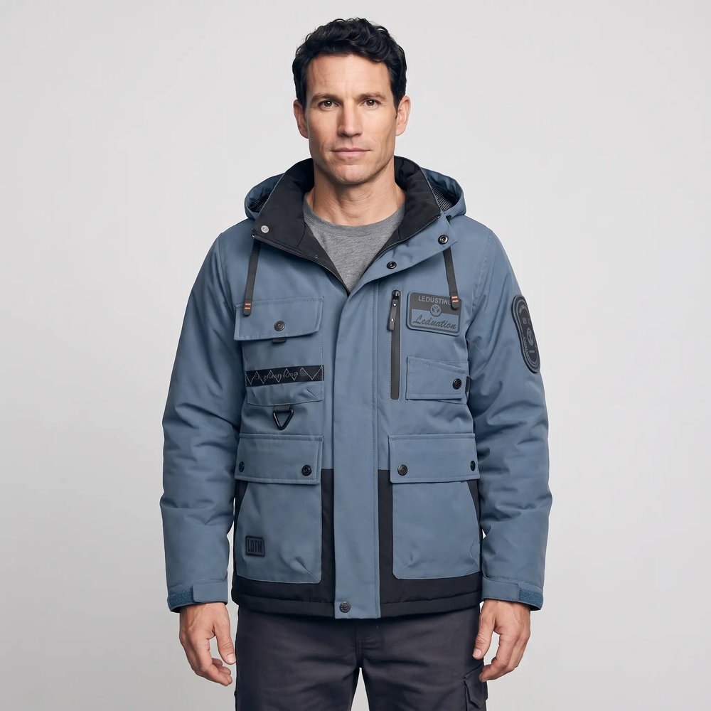 Man wearing a Slate Blue hooded windbreaker work jacket, front view