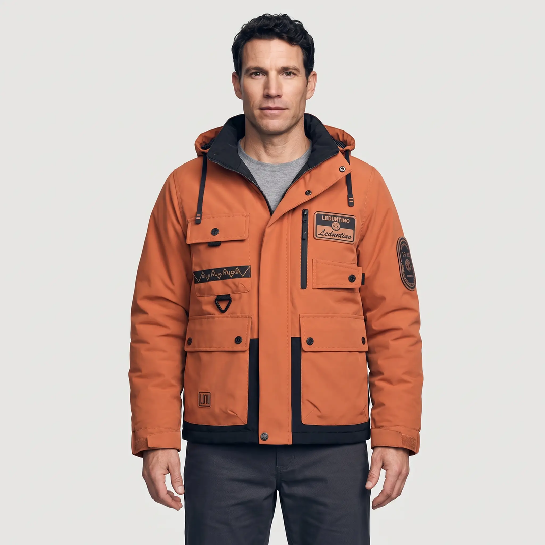 Men's hooded windbreaker jacket in Terracotta, front view