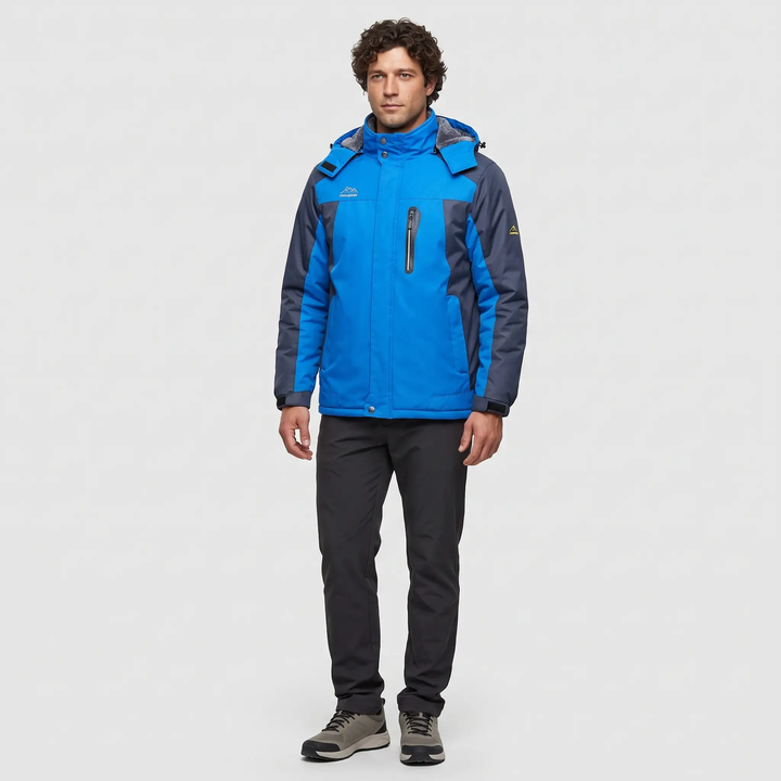 Full-length look - men's Ocean Blue winter jacket with dark pants and trail shoes