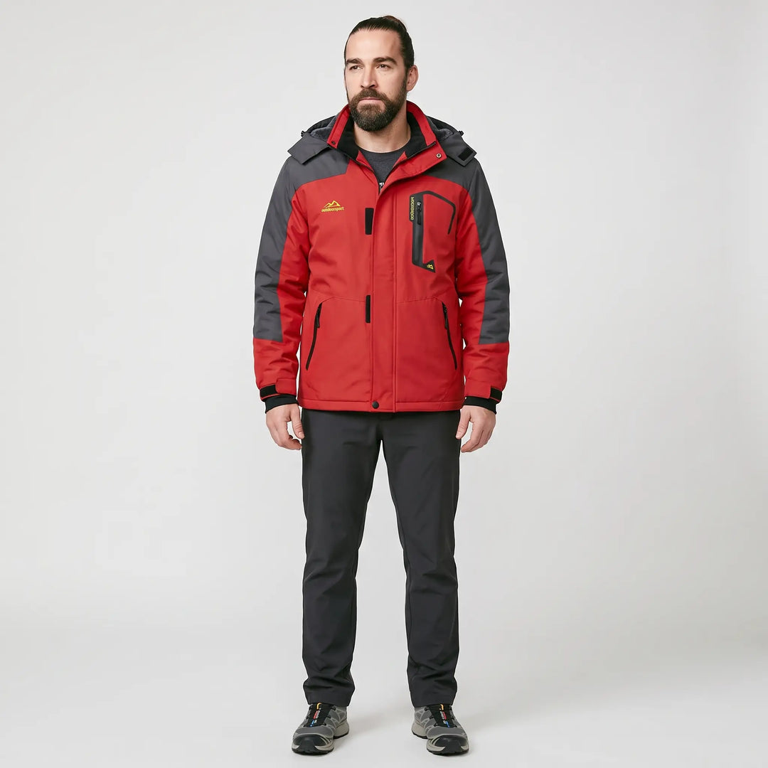 Full-length look - men's Red ski jacket with dark pants and trail shoes
