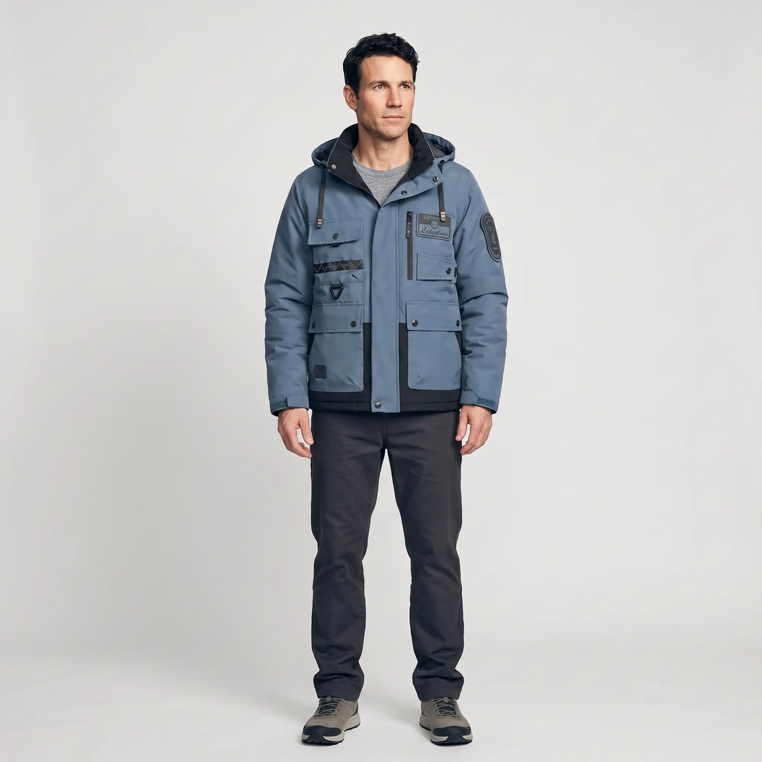 Full-length look - men's Slate Blue windbreaker jacket with work pants and trail shoes