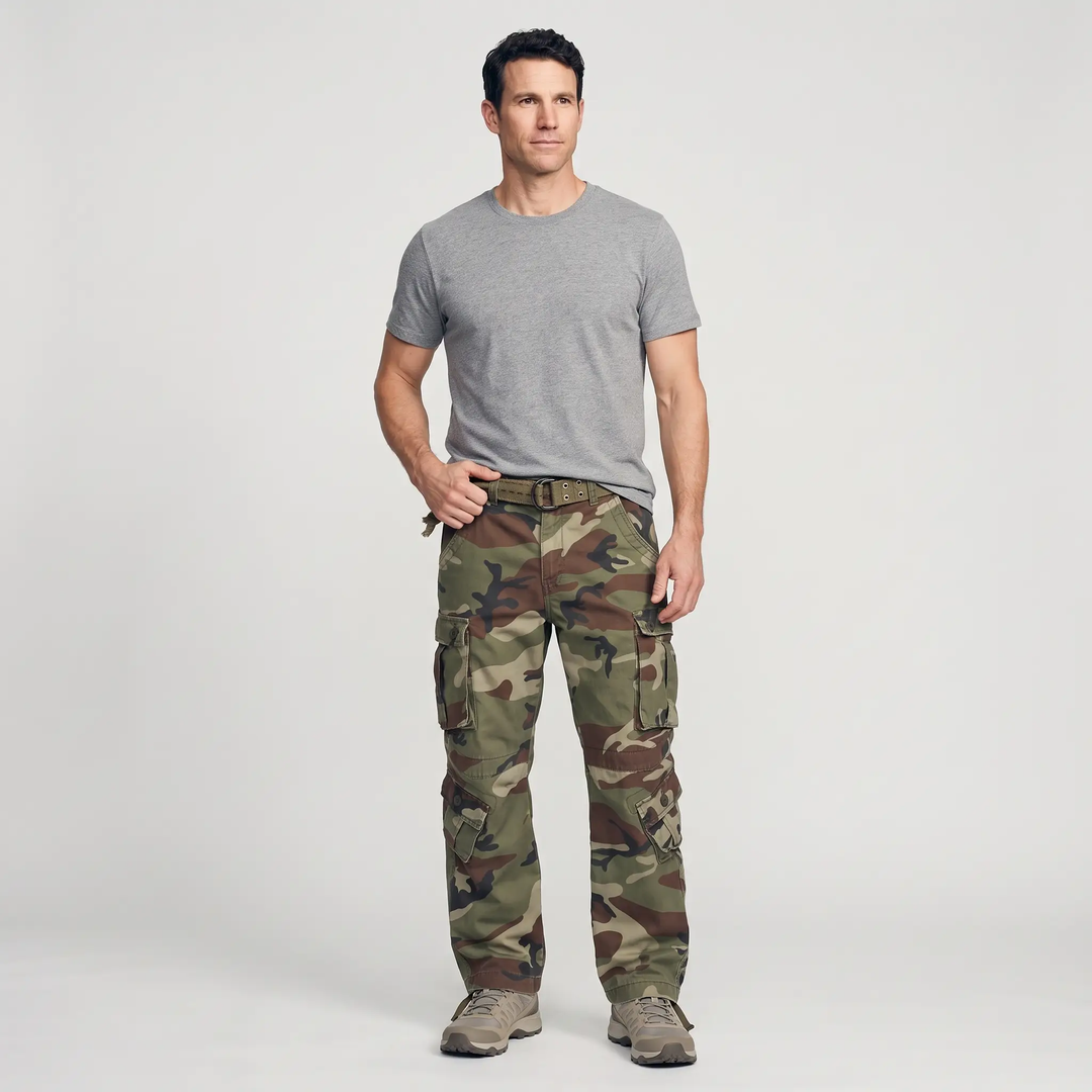Full-length look - men's Woodland Camo cargo pants with a grey tee and trail shoes