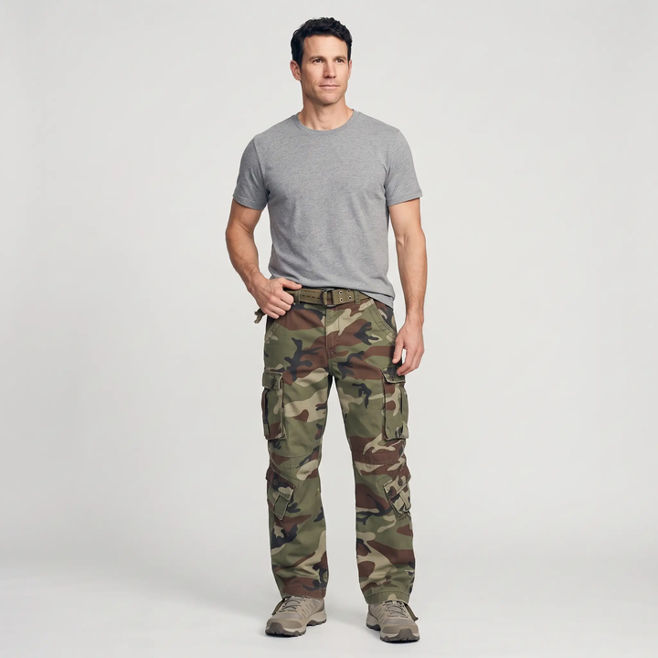 Full-length look - men's Woodland Camo cargo pants with a grey tee and trail shoes