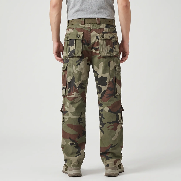 Men's camo cargo pants, back view with two-button rear flap pockets