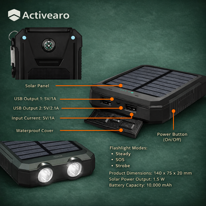 Solar Power Bank 10000 mAh – Waterproof Outdoor Backup Power