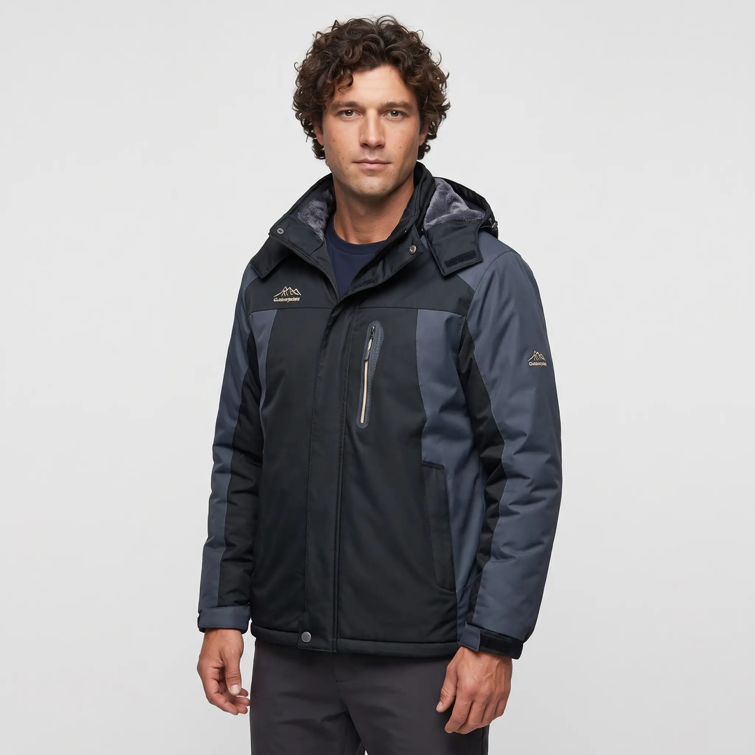 Men's hooded winter jacket in Black, three-quarter view