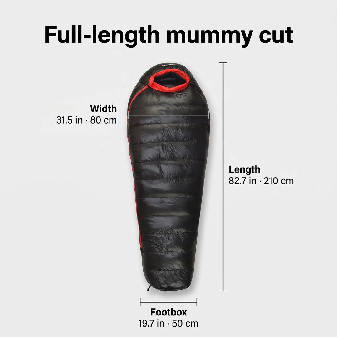 Down mummy sleeping bag dimensions showing length, shoulder width and footbox width