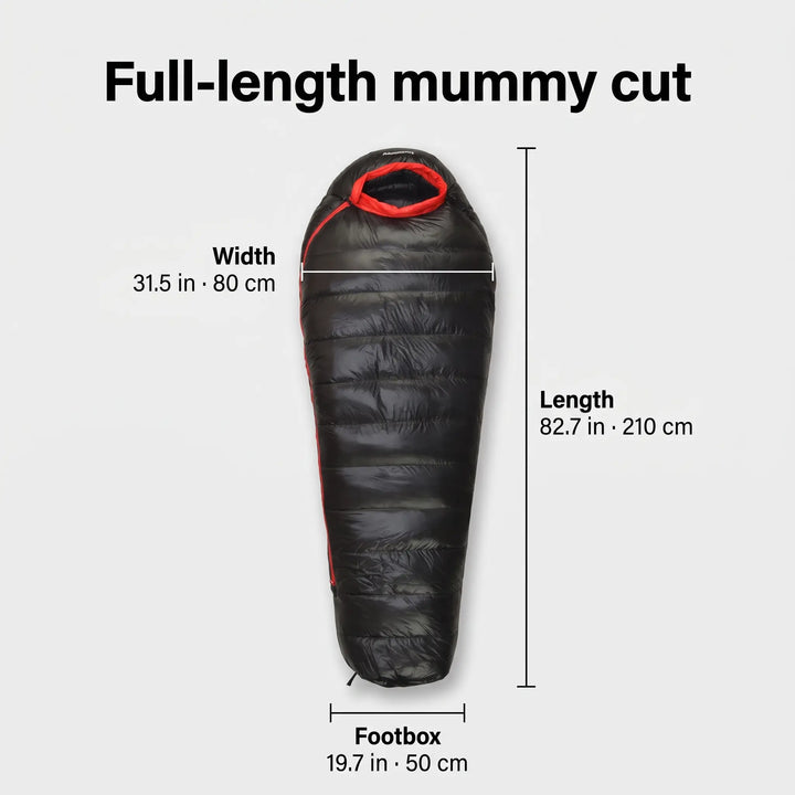 Down mummy sleeping bag dimensions showing length, shoulder width and footbox width