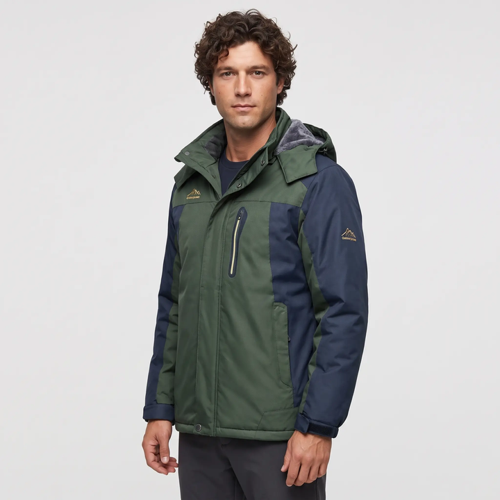 Men's hooded winter jacket in Hunter Green, three-quarter view