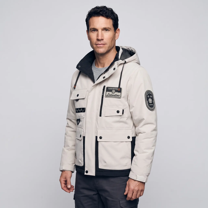 Men's hooded windbreaker jacket in Light Gray, three-quarter view