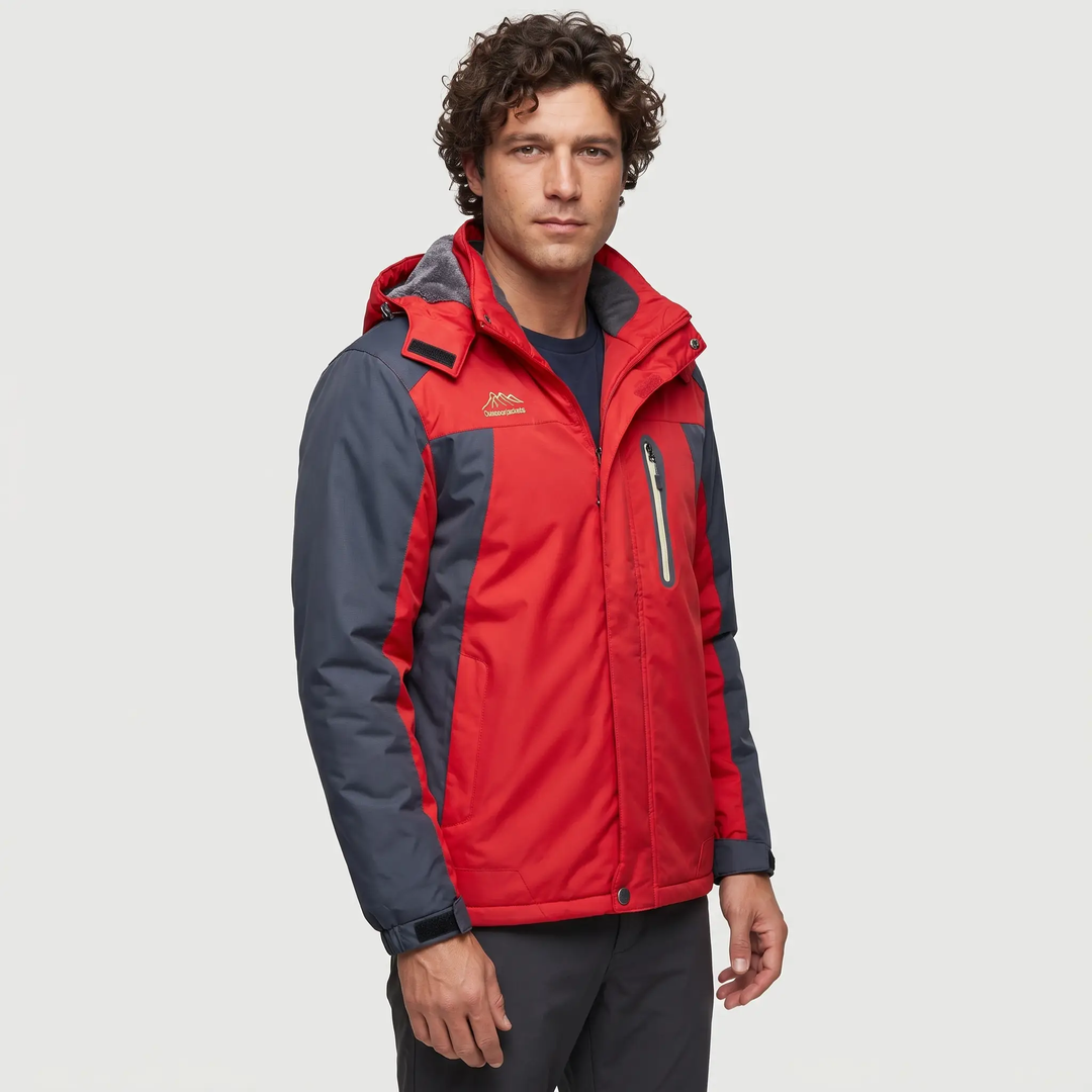Men's hooded winter jacket in Red, three-quarter view