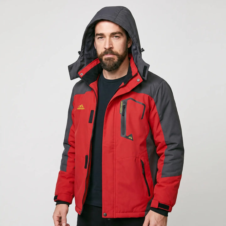 Red men's hooded ski jacket, three-quarter view with the zip chest pocket