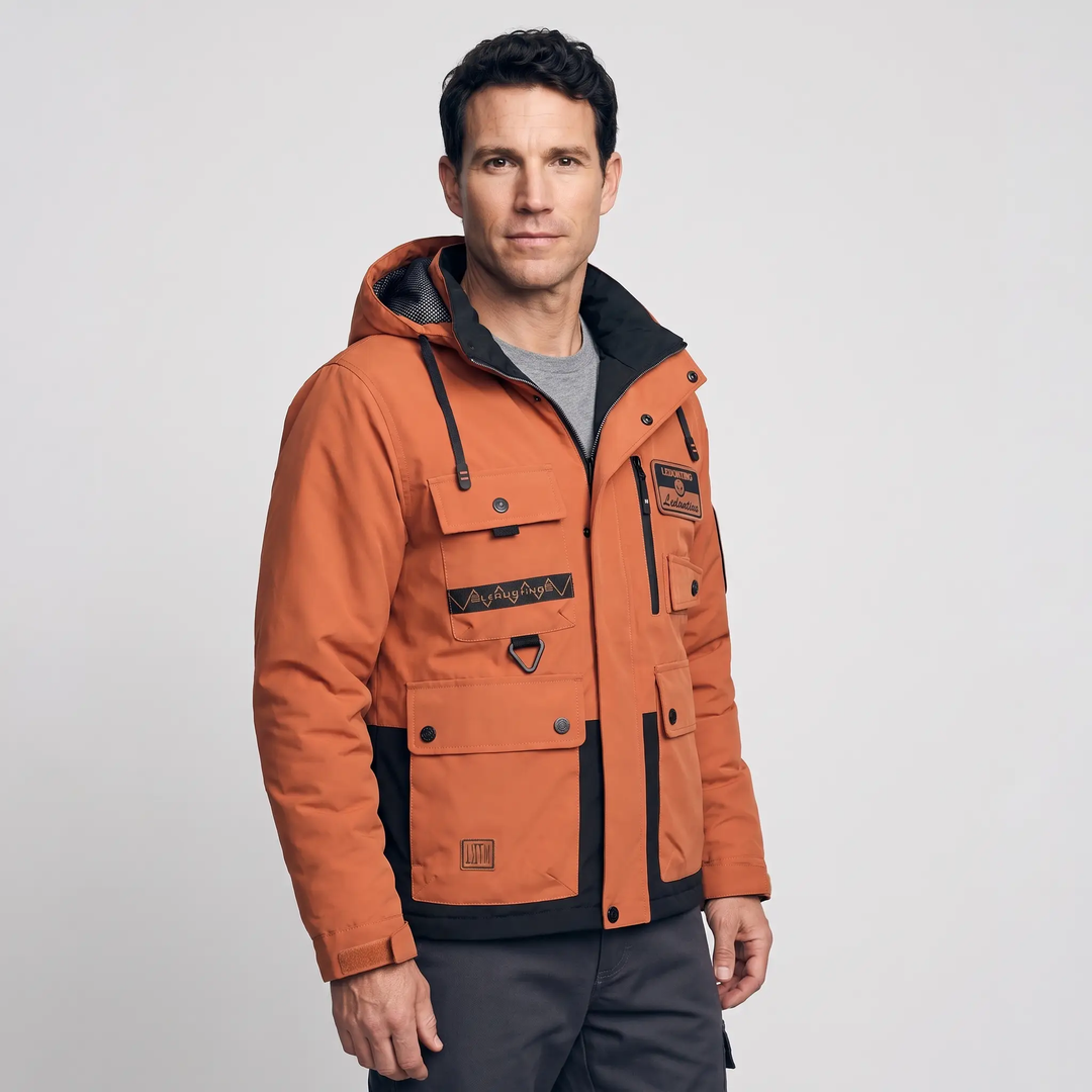 Men's hooded windbreaker jacket in Terracotta, three-quarter view