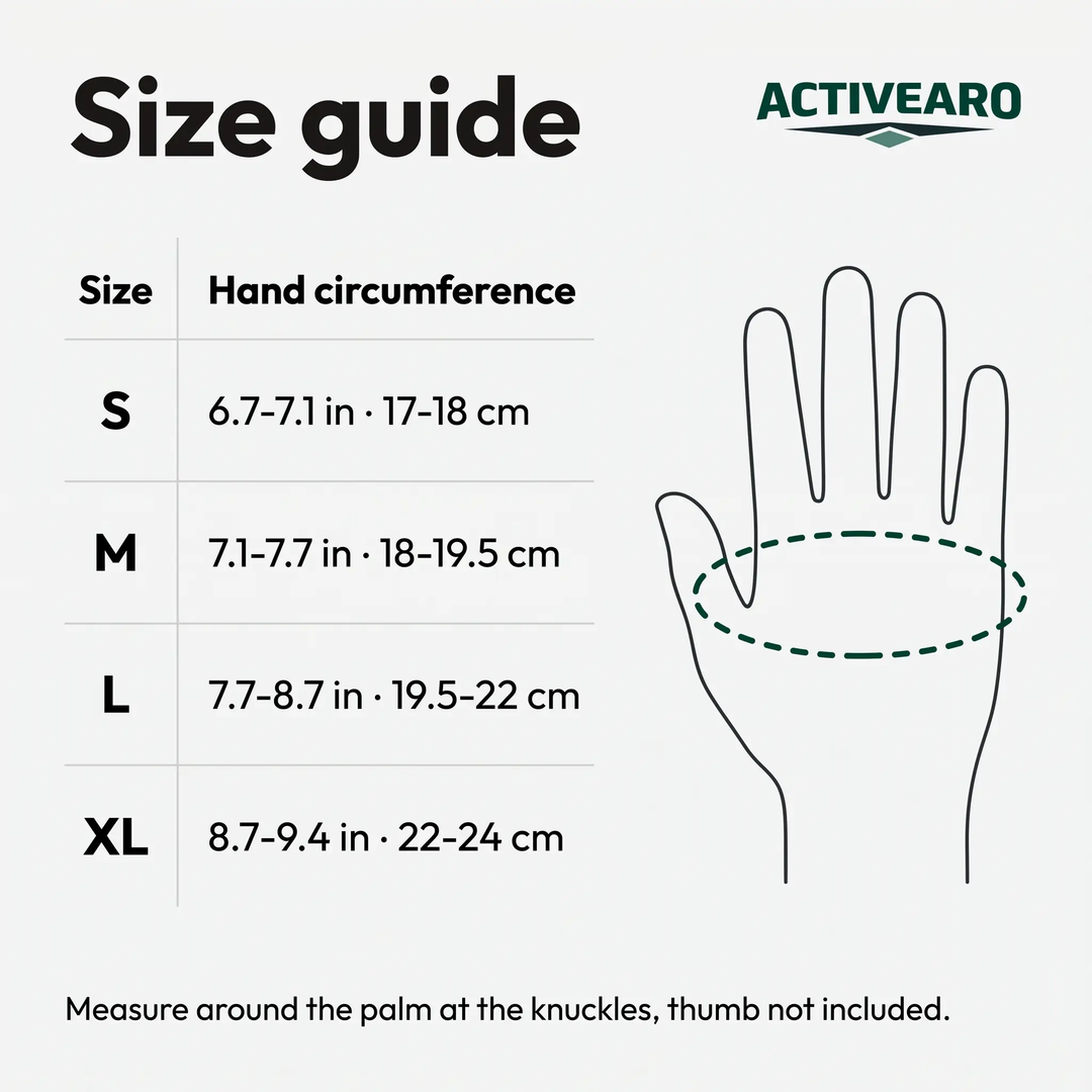 Running gloves size guide S to XL by hand circumference in inches and centimeters