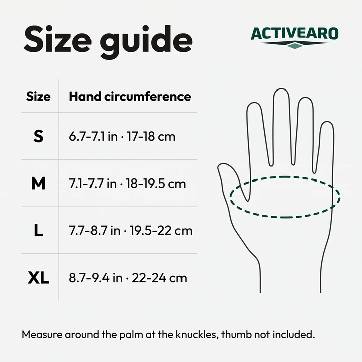 Running gloves size guide S to XL by hand circumference in inches and centimeters