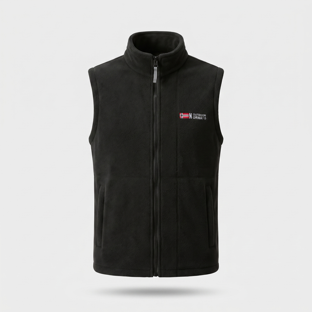 Men's outdoor fleece vest in black, front view