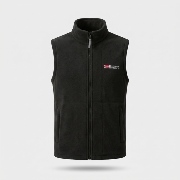 Men's outdoor fleece vest in black, front view