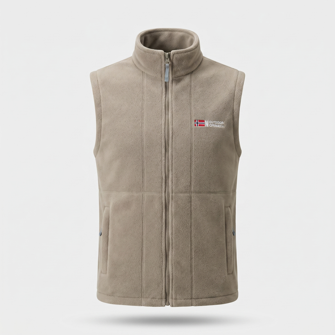 Men's outdoor fleece vest in khaki, front view