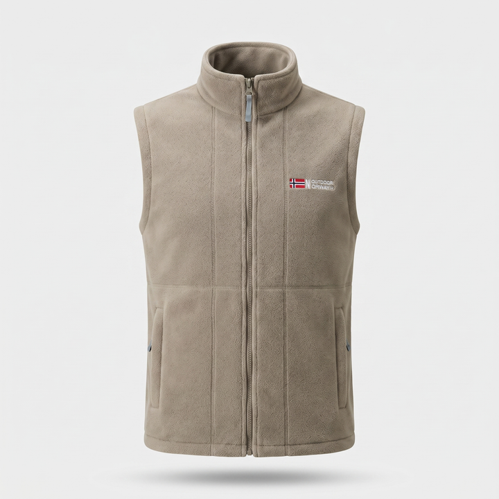 Men's outdoor fleece vest in khaki, front view