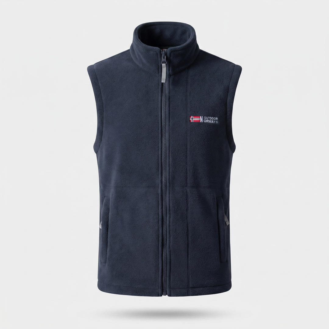 Men's outdoor fleece vest in navy, front view, full zip and stand-up collar
