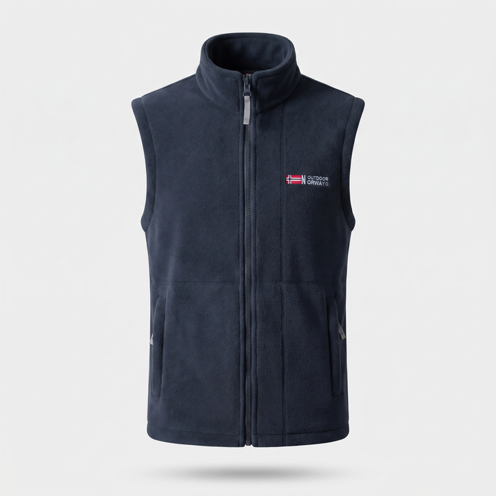 Men's outdoor fleece vest in navy, front view, full zip and stand-up collar