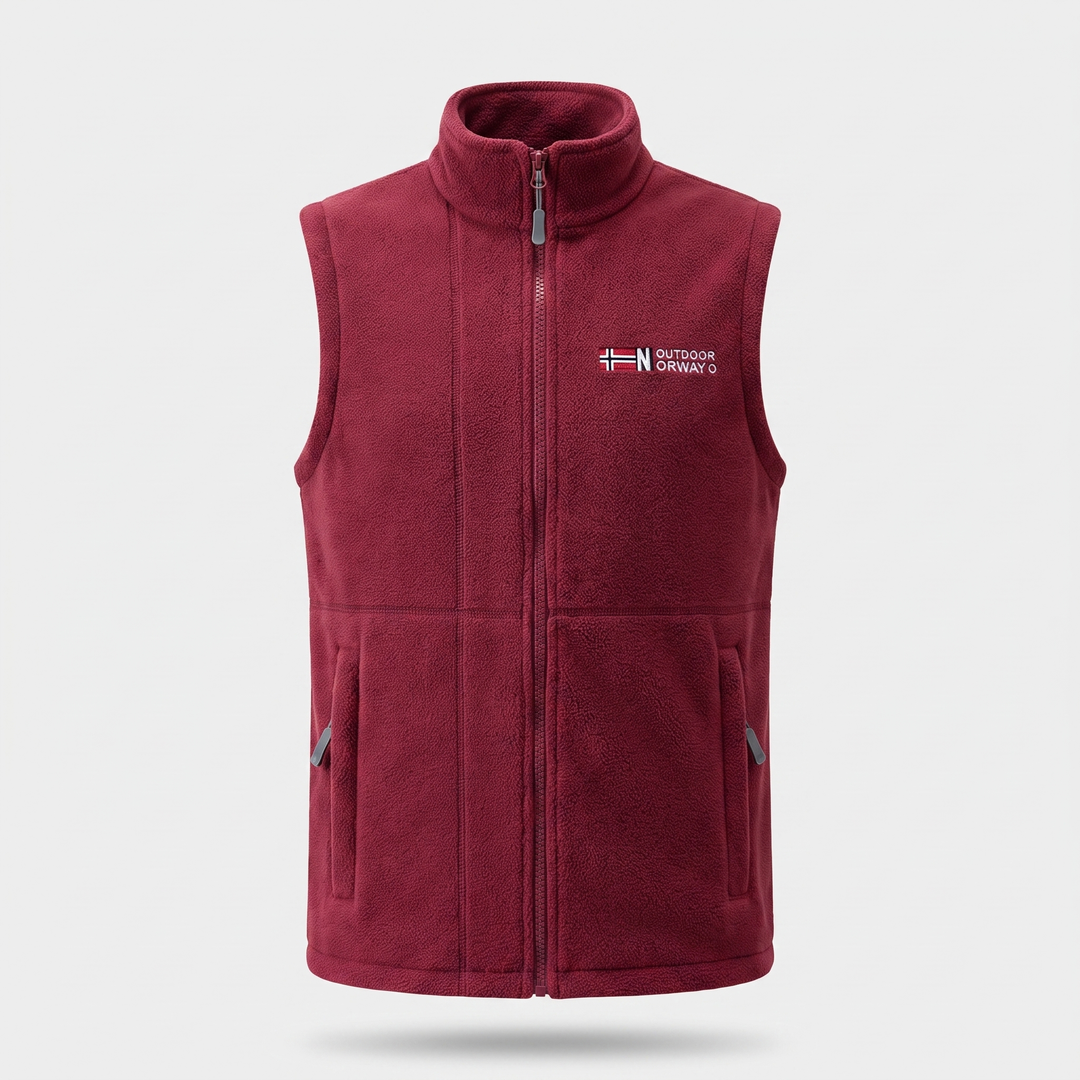 Men's outdoor fleece vest in red, front view